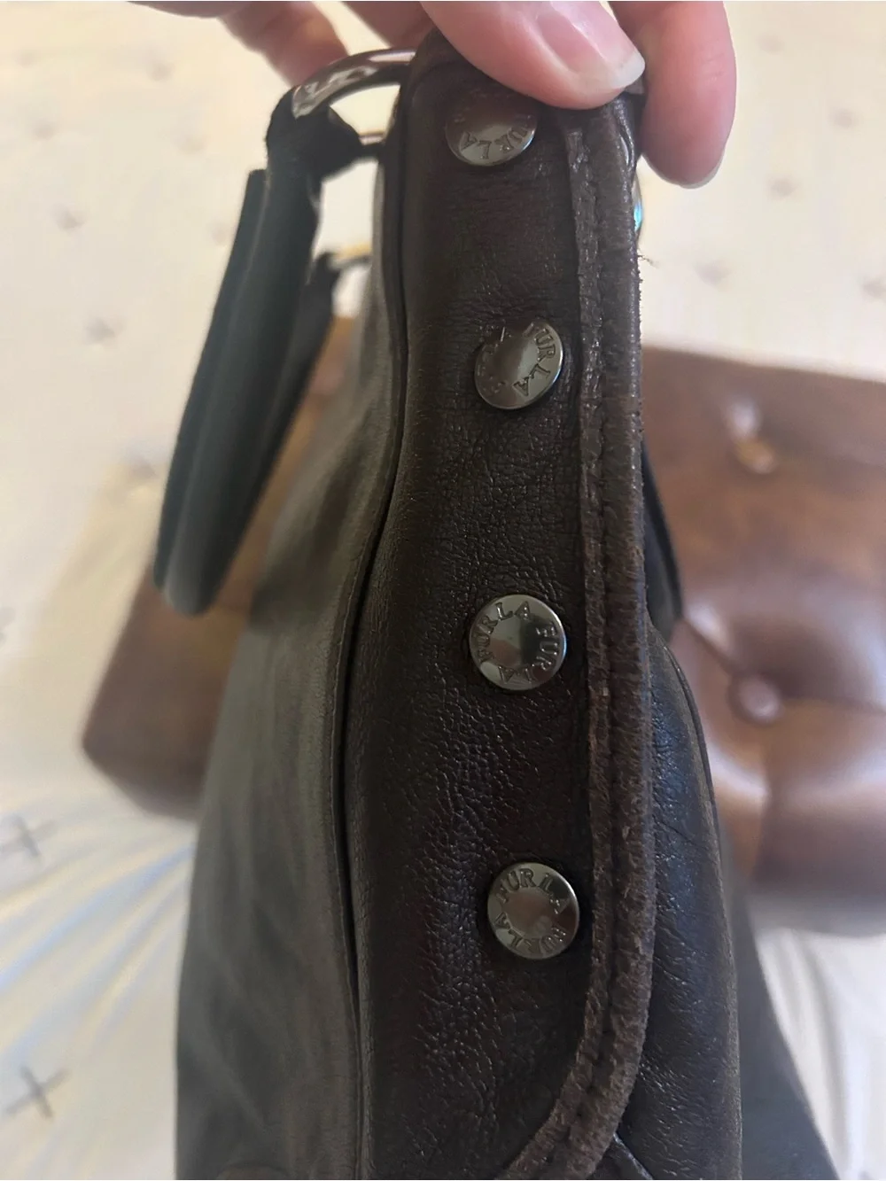 Furla dark brown mixed leather bag with Black Leather handles